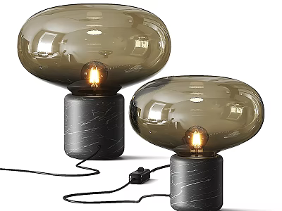 Two Contemporary Table Lamps With Round Dome Glass Shade And Dark Marble Base Lit Bulb 3d model