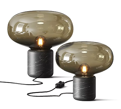 Two Contemporary Table Lamps With Round Dome Glass Shade And Dark Marble Base Lit Bulb 3d model