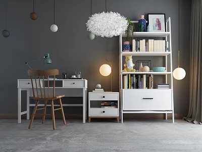 Minimalist Modern Desk Interior With Wooden Chair Bookshelf Books And Pendant Lights 3d model