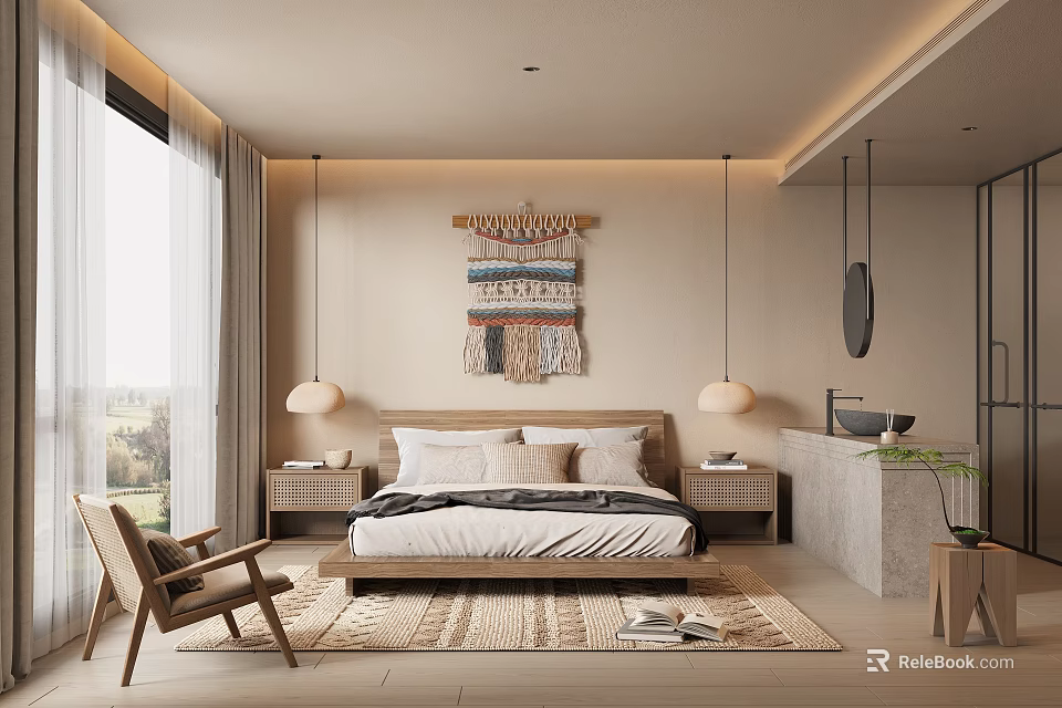 Hotel Room Interior Featuring Wooden Bed Nightstands Area Rug And Wall Tapestry 3d model 