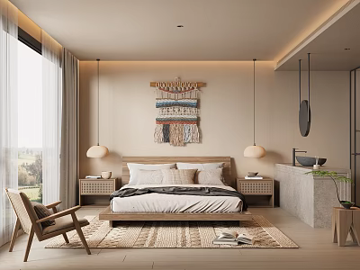 Hotel Room Interior Featuring Wooden Bed Nightstands Area Rug And Wall Tapestry 3d model