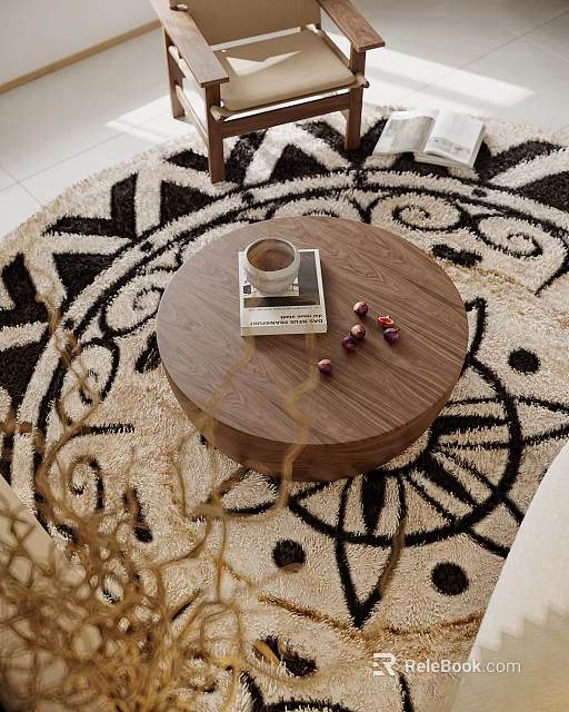 Living Room Interior With Round Wooden Coffee Table And Black White Geometric Rug 3d model 