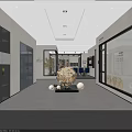 Modern Minimalist Interior With Gray Walls Glass Cabinets Black Table Blue Chairs And Rabbit Sculpture