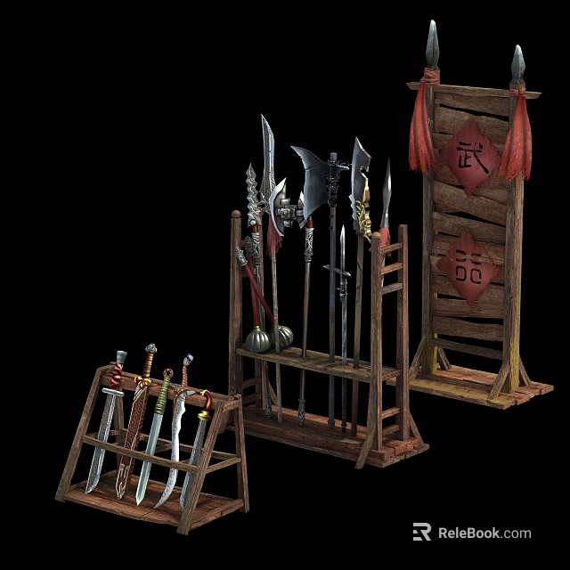 Ancient Martial Weapons Collection with Swords Axes and Spears on Wooden Racks 3d model 