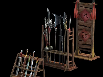 Ancient Martial Weapons Collection with Swords Axes and Spears on Wooden Racks 3d model