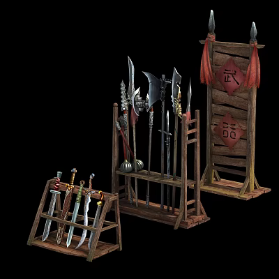 Ancient Martial Weapons Collection with Swords Axes and Spears on Wooden Racks 3d model
