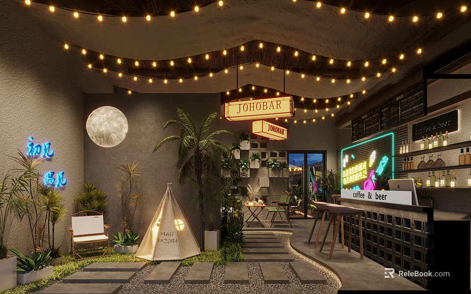 Cozy Café Interior With String Lights Moon Decoration Teepee Neon Signs Green Plants Bar Counter 3d model 