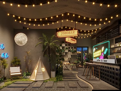 Cozy Café Interior With String Lights Moon Decoration Teepee Neon Signs Green Plants Bar Counter 3d model