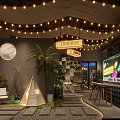 Cozy Café Interior With String Lights Moon Decoration Teepee Neon Signs Green Plants Bar Counter