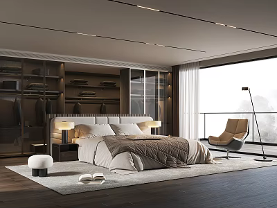Modern Bedroom Interior Design With Bedside Lamps Armchair Wardrobe Rug And Large Windows 3d model