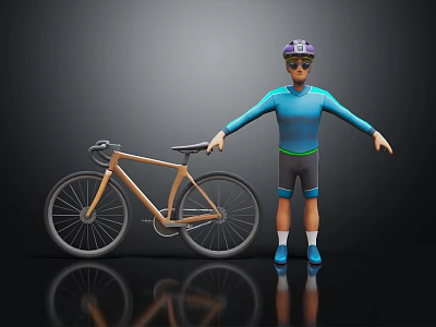 3D Model Cyclist in Blue Outfit With Purple Helmet Standing by Wooden Frame Bicycle 3d model