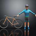 3D Model Cyclist in Blue Outfit With Purple Helmet Standing by Wooden Frame Bicycle