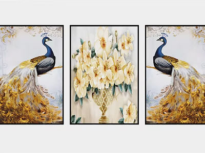 Elegant Decorative Wall Art With Peacocks Golden Feathers And Flower Vase Design 3d model