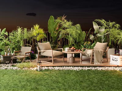 Outdoor Garden Patio Space With Comfortable Chairs Wooden Table And Lush Green Plants 3d model