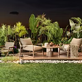 Outdoor Garden Patio Space With Comfortable Chairs Wooden Table And Lush Green Plants