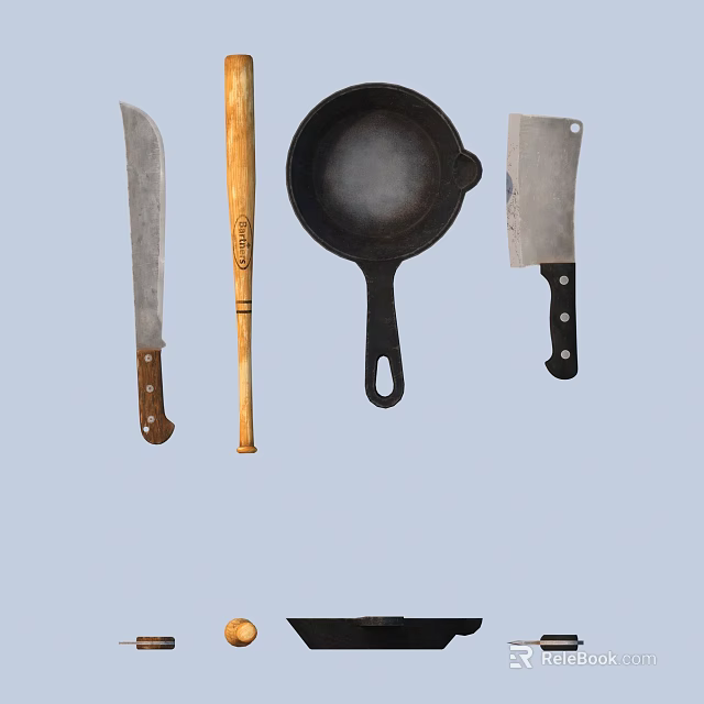 Practical Household Living Supplies Including Knife Wooden Rolling Pin Frying Pan And Cleaver 3d model 