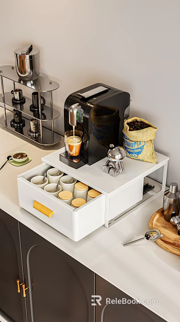 Modern Kitchen Countertop With Coffee Machine Metal Accents Beans Drawer Storage And Cups 3d model 