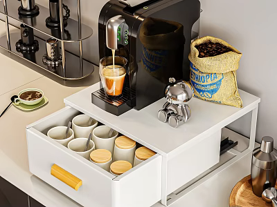 Modern Kitchen Countertop With Coffee Machine Metal Accents Beans Drawer Storage And Cups 3d model