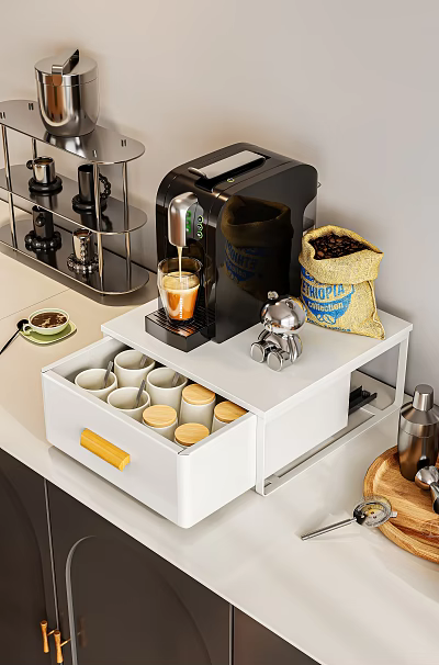 Modern Kitchen Countertop With Coffee Machine Metal Accents Beans Drawer Storage And Cups 3d model