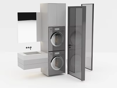 Modern Washbasin Design With Stacked Washing Machine Dryer And Glass Door Cabinets 3d model