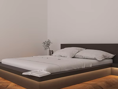 Modern Double Bed with Dark Headboard White Sheets Vase Plant Open Book and Wooden Floor 3d model