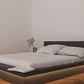 Modern Double Bed with Dark Headboard White Sheets Vase Plant Open Book and Wooden Floor