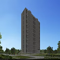 Tall Modern Residential Building With Glass Windows Surrounded By Trees And Urban Skyline