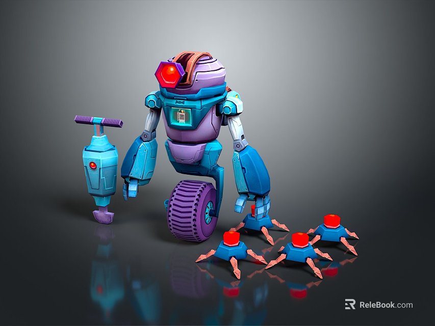 Industrial Equipment with Purple Blue Robot Unicycle Device and Small Red Top Mechanical Devices 3d model 