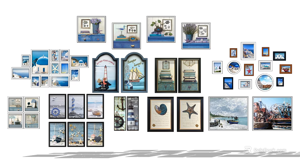 Marine Themed Photo Wall With Various Frames Sailboats Lighthouses Starfish And Seascape Paintings 3d model 