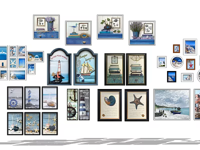 Marine Themed Photo Wall With Various Frames Sailboats Lighthouses Starfish And Seascape Paintings 3d model