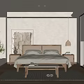 Modern Minimalist Hotel Guest Room Featuring Wooden Headboard Foot Bench Rug Plant And Artwork