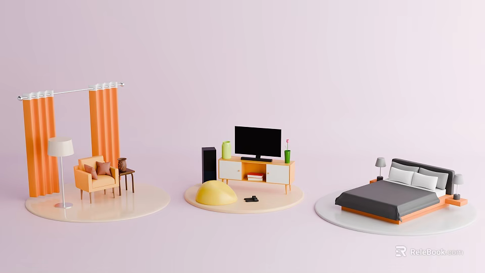 Colorful Furniture Collection Featuring Orange Chair Gray Bed And TV Stand 3d model 