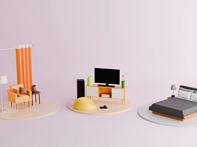 Colorful Furniture Collection Featuring Orange Chair Gray Bed And TV Stand 3d model