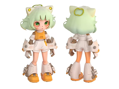 Cute Mechanical Doll With Light Green Hair Cat Ears Green Eyes And White Orange Outfit 3d model