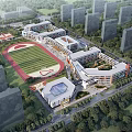 Modern School Buildings With Sports Field Running Track And Lush Greenery Trees