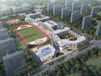Modern School Buildings With Sports Field Running Track And Lush Greenery Trees 3d model