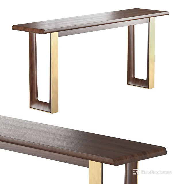 Modern Minimalist Side Table With Dark Brown Wooden Top And Gold Metal Legs 3d model 