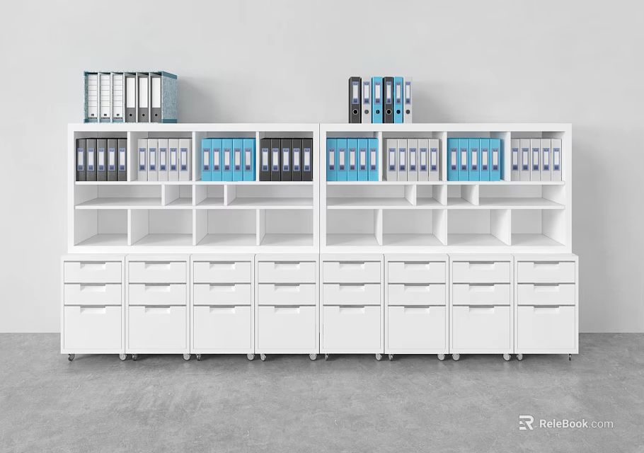 White Office Bookshelf With Open Shelves Blue Black Folders And Drawers 3d model 