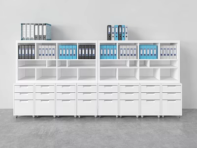White Office Bookshelf With Open Shelves Blue Black Folders And Drawers 3d model
