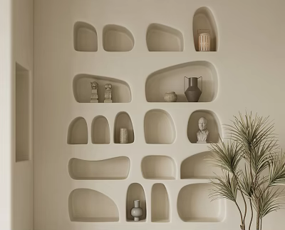 Modern Wall Mounted Shelving Unit With Geometric Niche Design And Decorative Items 3d model