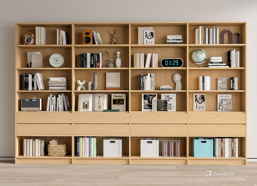 Modern Wooden Bookcase With Books Decorative Items Clock Globe And Storage Drawers 3d model 