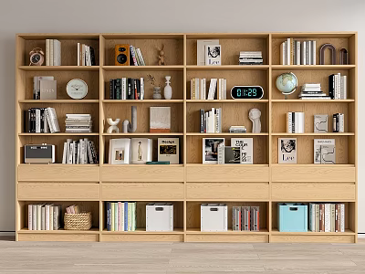 Modern Wooden Bookcase With Books Decorative Items Clock Globe And Storage Drawers 3d model