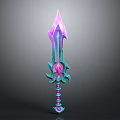 Game Movie Character With Ornate Sword Featuring Pink Blue Gradient And Gemstone Accents