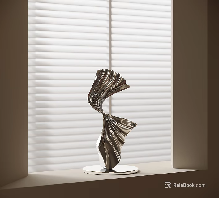 Abstract Silver Sculpture with Twisted Curved Design Metallic Finish on Windowsill Against White Blinds 3d model 