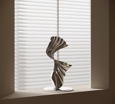Abstract Silver Sculpture with Twisted Curved Design Metallic Finish on Windowsill Against White Blinds 3d model