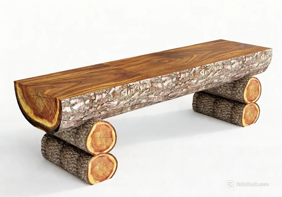 Handcrafted Wooden Bench With Natural Wood Grain And Log Legs Design 3d model 