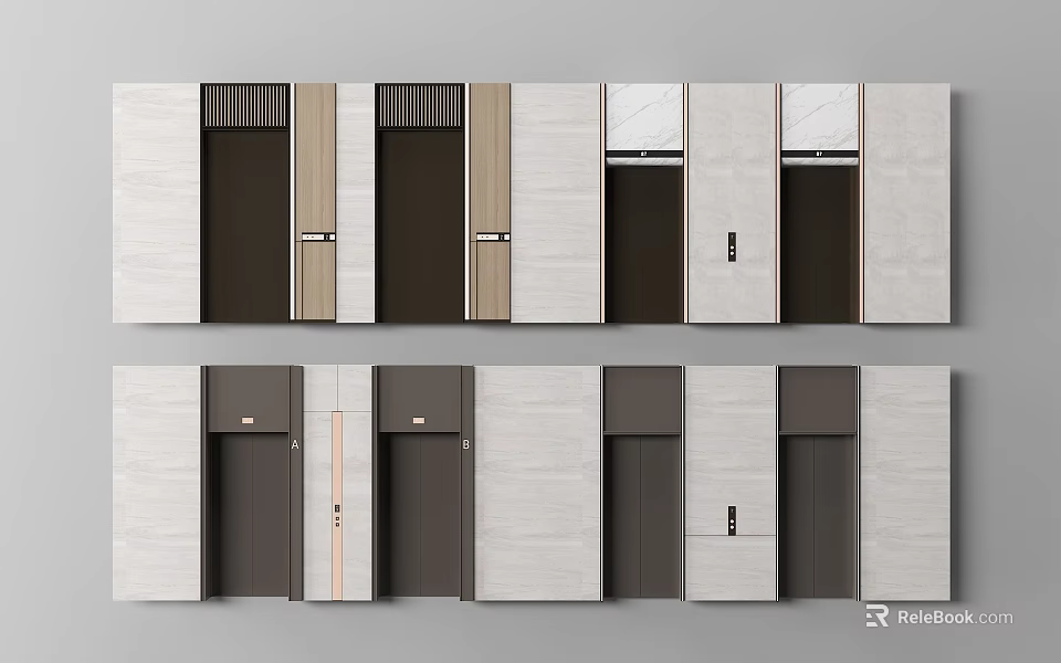 Modern Elevator Lobby With Diverse Door And Wall Design Elements 3d model