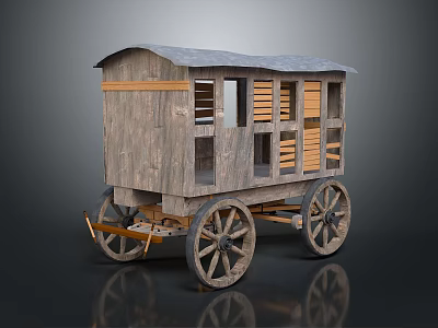 Vintage Wooden Carriage With Rustic Design Large Wheels And Shuttered Windows 3d model