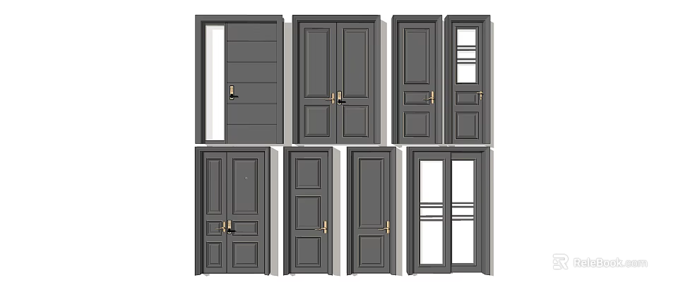Gray Hinged Doors with Various Panel Styles for Modern Home Interior Design 3d model