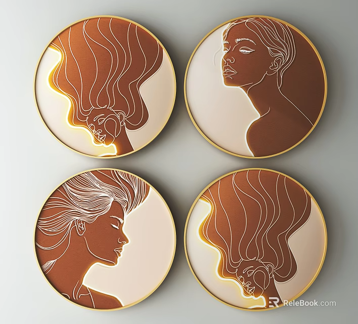 Four Round Frame Paintings With Female Profile Line Art And Golden Borders 3d model 